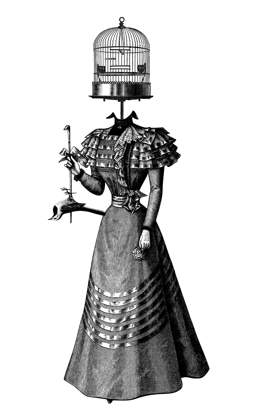 Victorian woman with a birdcage instead of a head, holding a small bird and cane