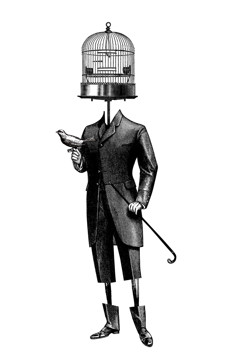 Victorian gentleman with a birdcage head, holding a bird and walking cane