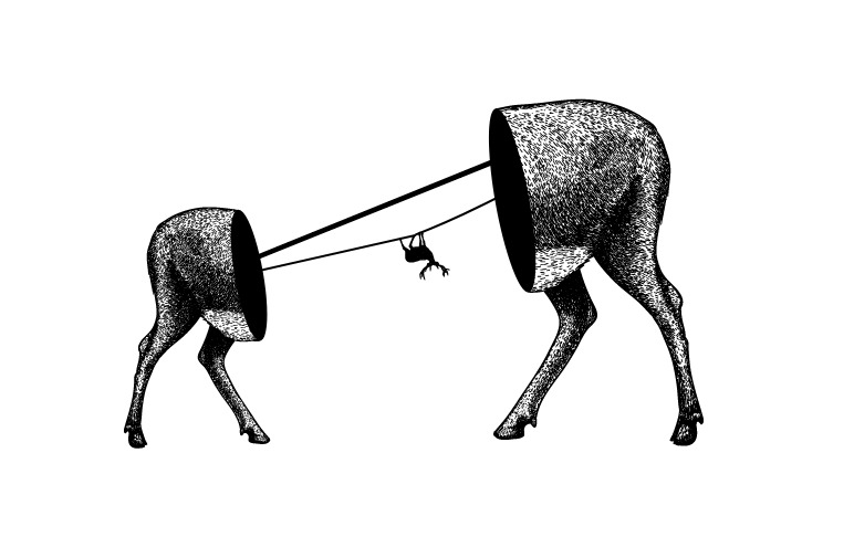 Two separated animal bodies connected by taut lines with a tiny figure suspended between them