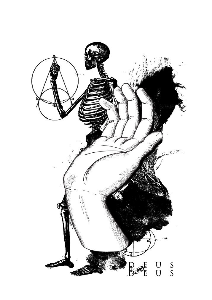 Skeleton drawing geometry behind an oversized open hand and black ink marks