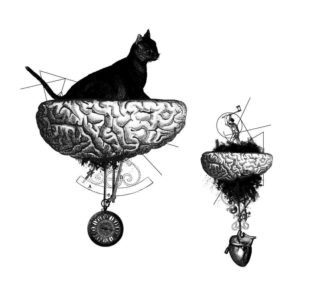 Two floating brains carrying a cat, clock, anatomical heart and tiny explorer