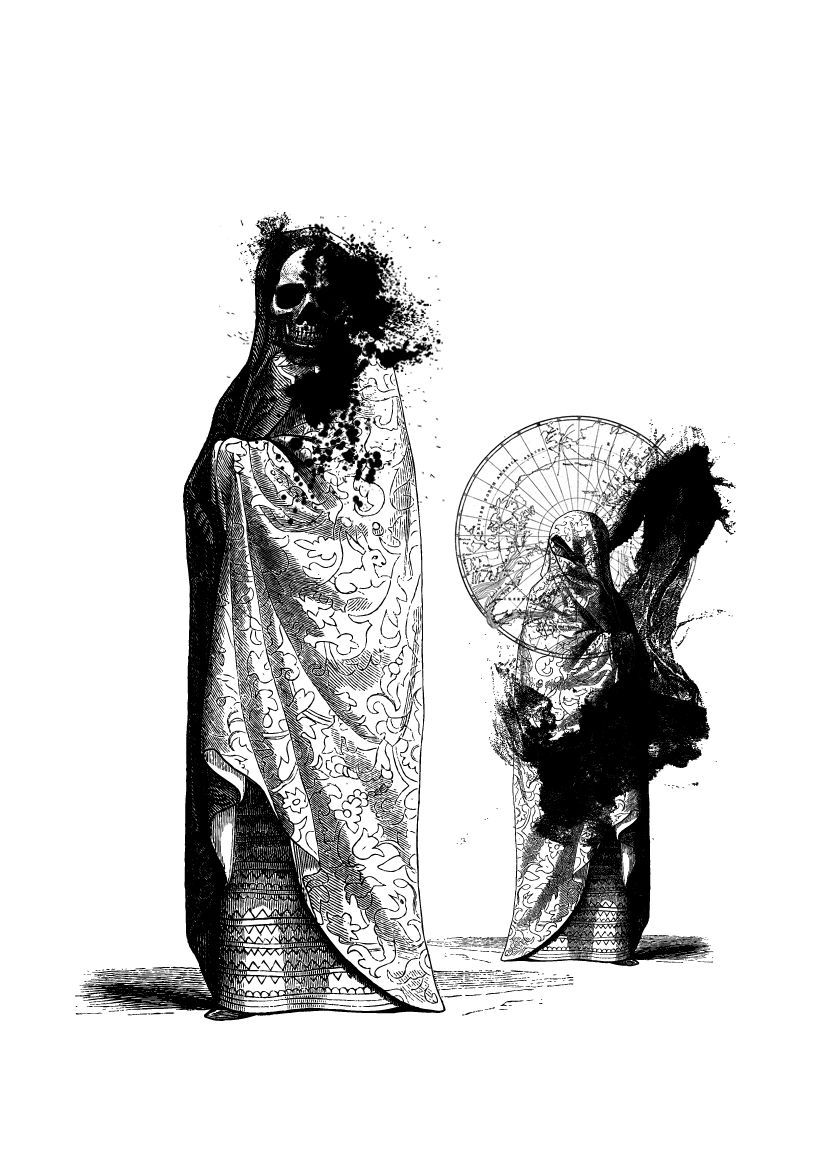 Two robed figures dissolving into skulls, ink clouds and a circular map