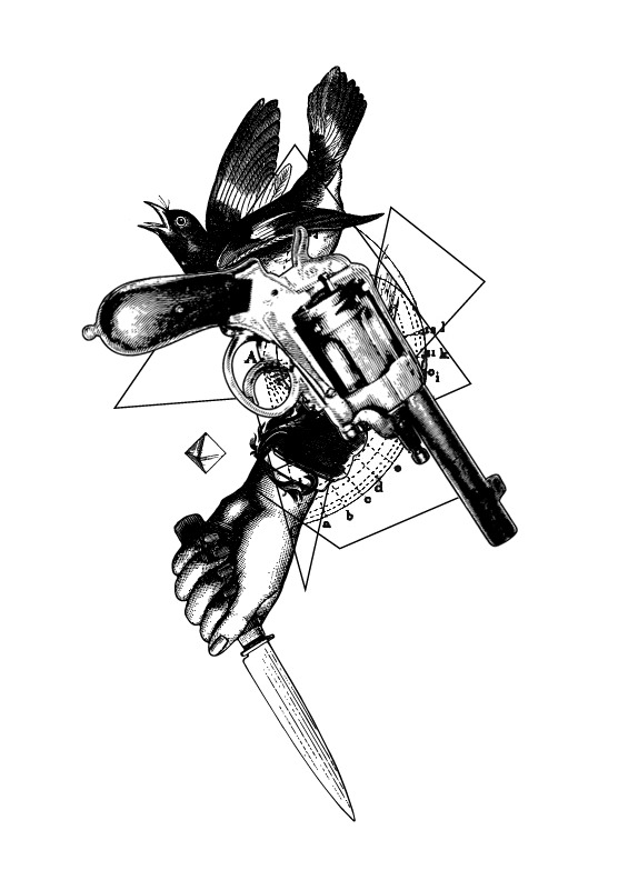 Bird taking flight above a revolver, clenched hands, knife and geometric diagrams