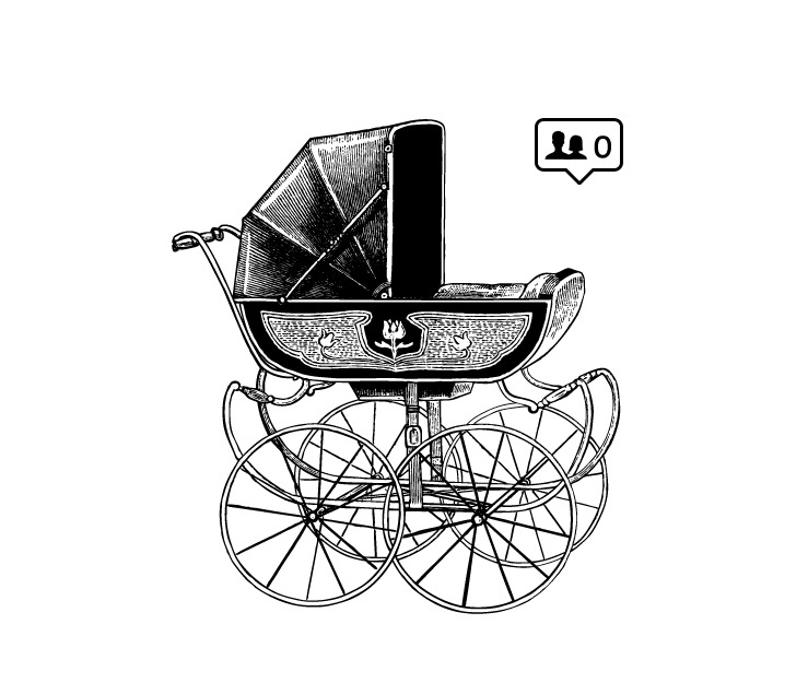 Antique baby carriage with tangled wheels beside a social follower counter showing zero