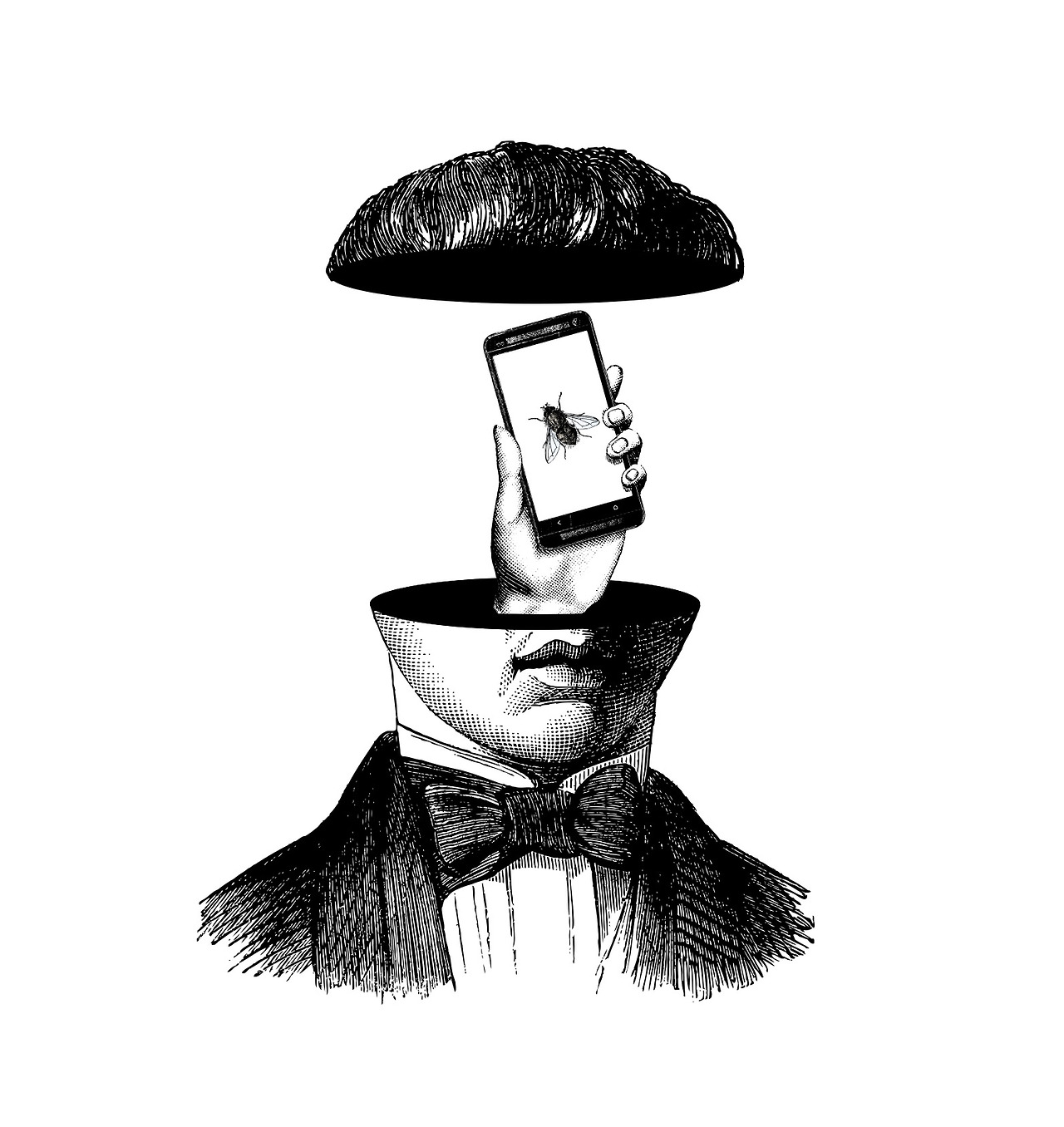 Victorian man whose open head releases a hand holding a smartphone with a fly on screen