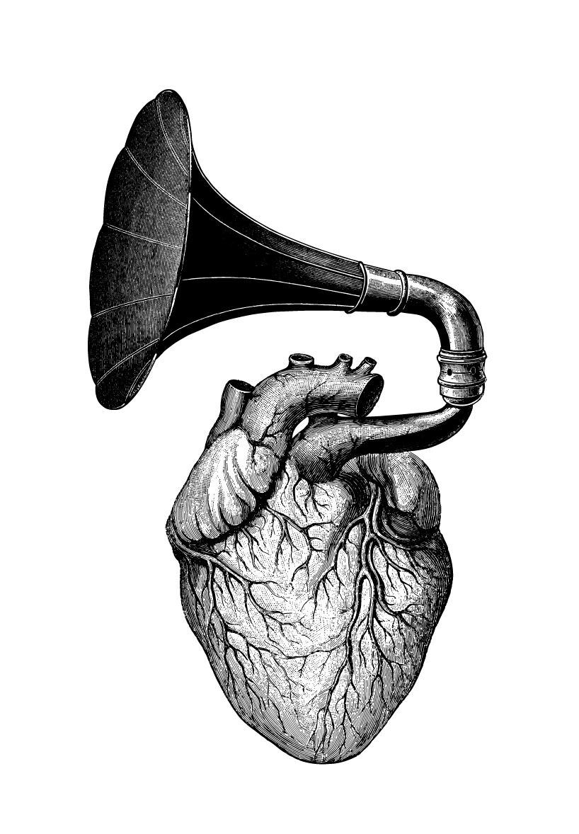 Anatomical heart connected to the horn of an antique gramophone