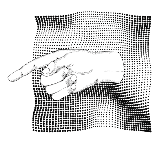 Engraved hand pointing left over an animated field of black halftone dots