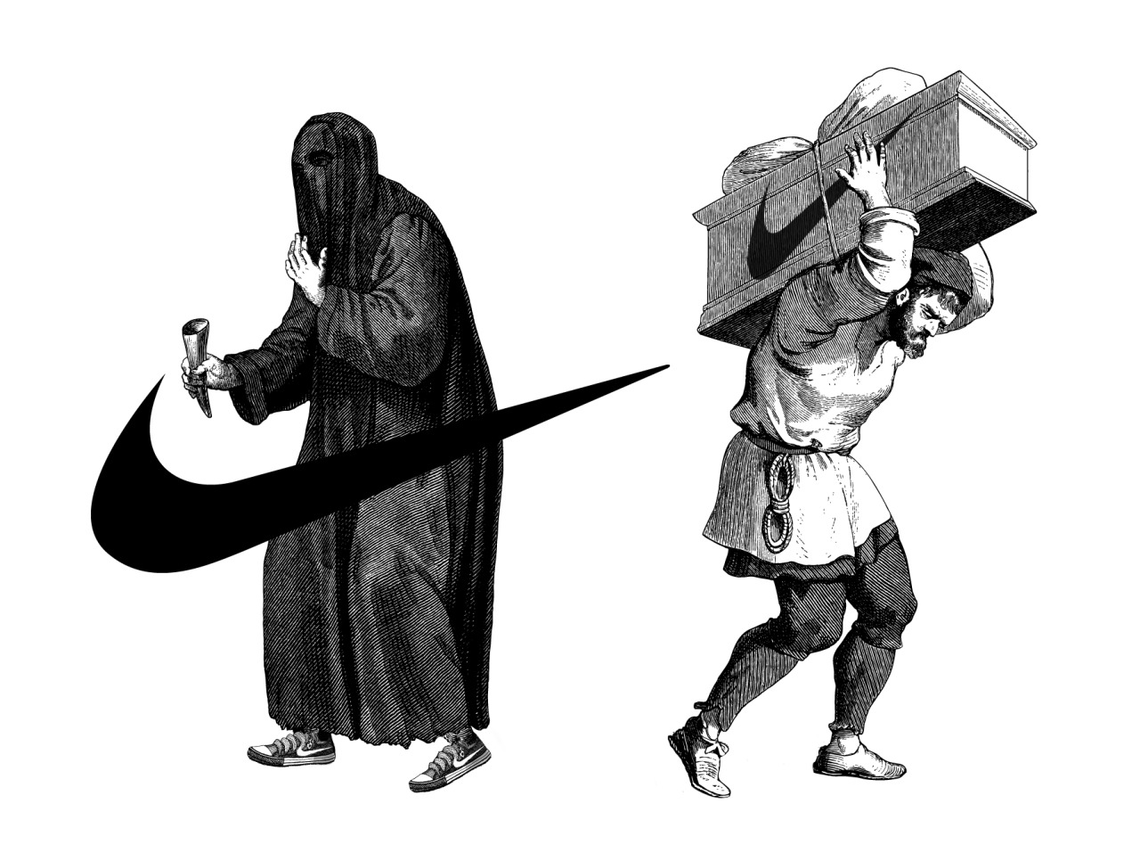 Two historical figures carrying burdens while a bold modern swoosh crosses the scene