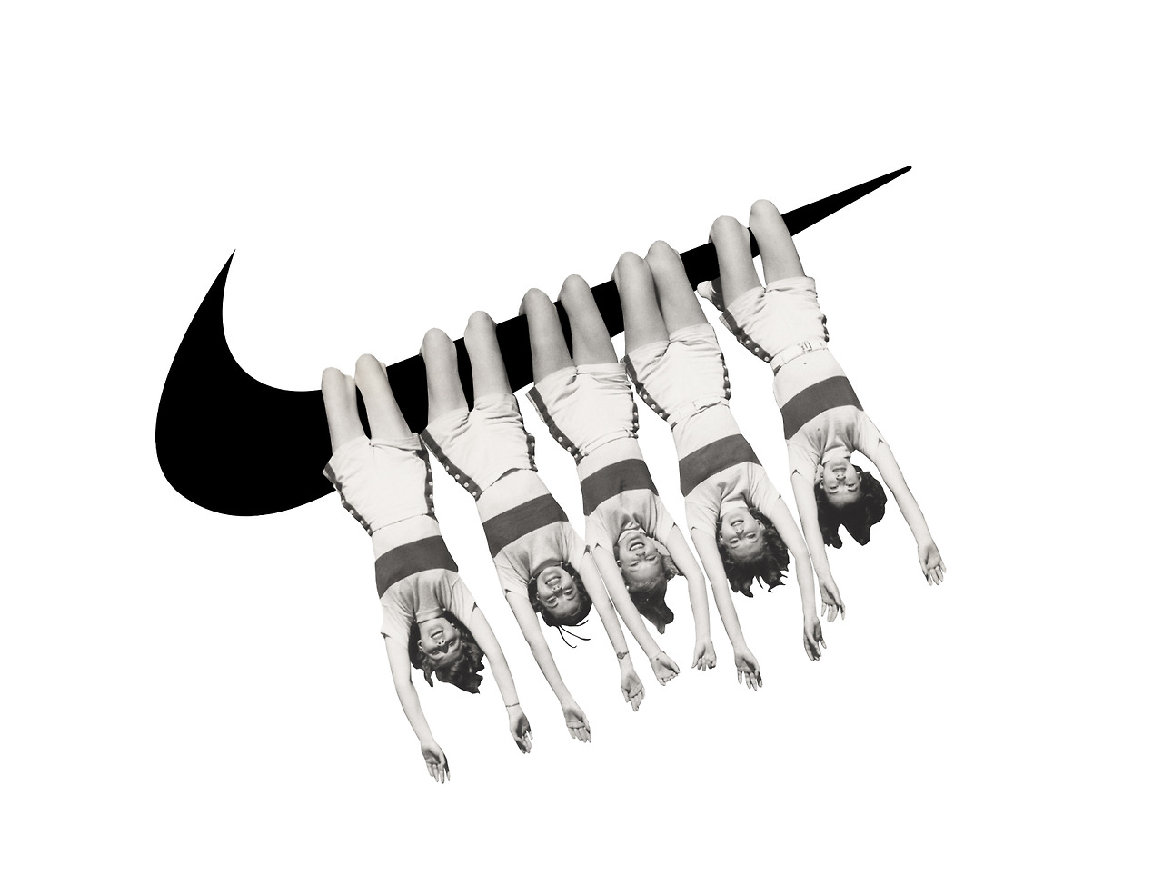 Repeated acrobats hanging upside down from a large black swoosh