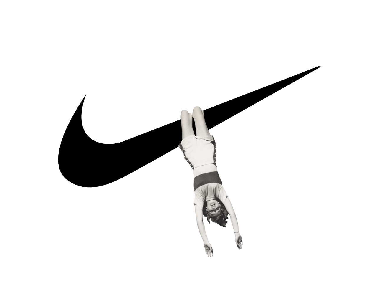 Single upside-down acrobat hanging from a large black swoosh