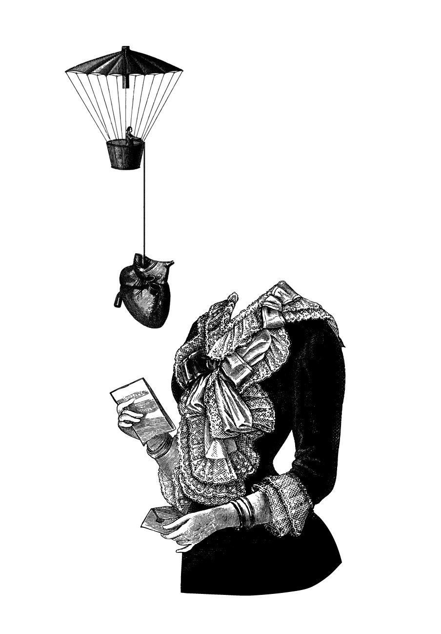 Headless Victorian woman reading letters beneath a floating anatomical heart and parachute