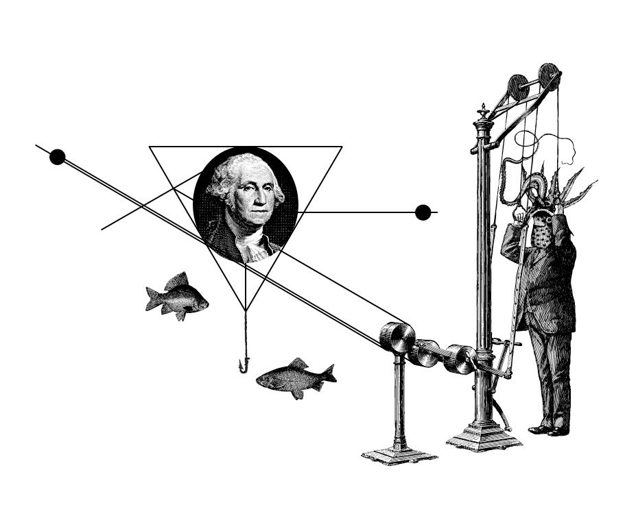George Washington portrait linked by geometric lines to fish and a Victorian mechanical apparatus