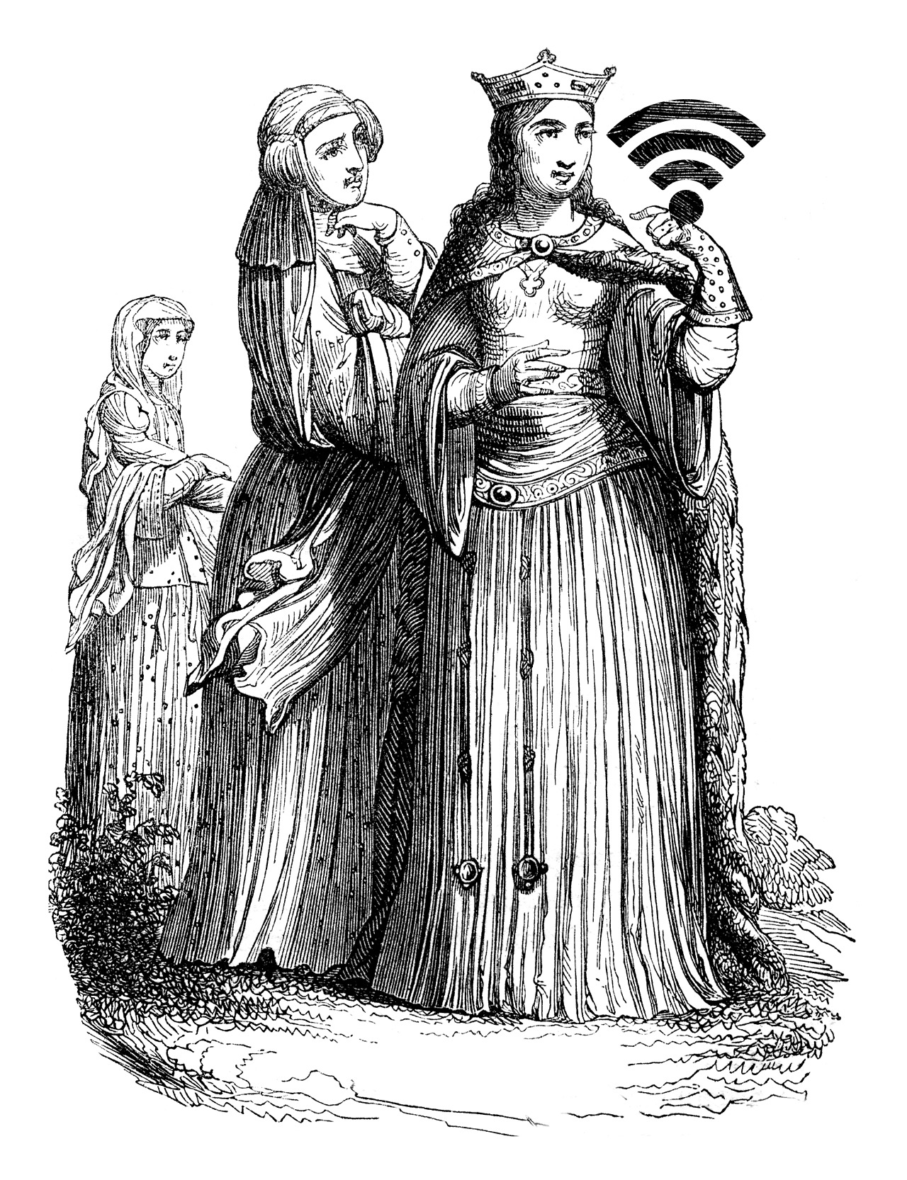 Medieval women presenting a modern Wi-Fi symbol in an antique black-and-white engraving