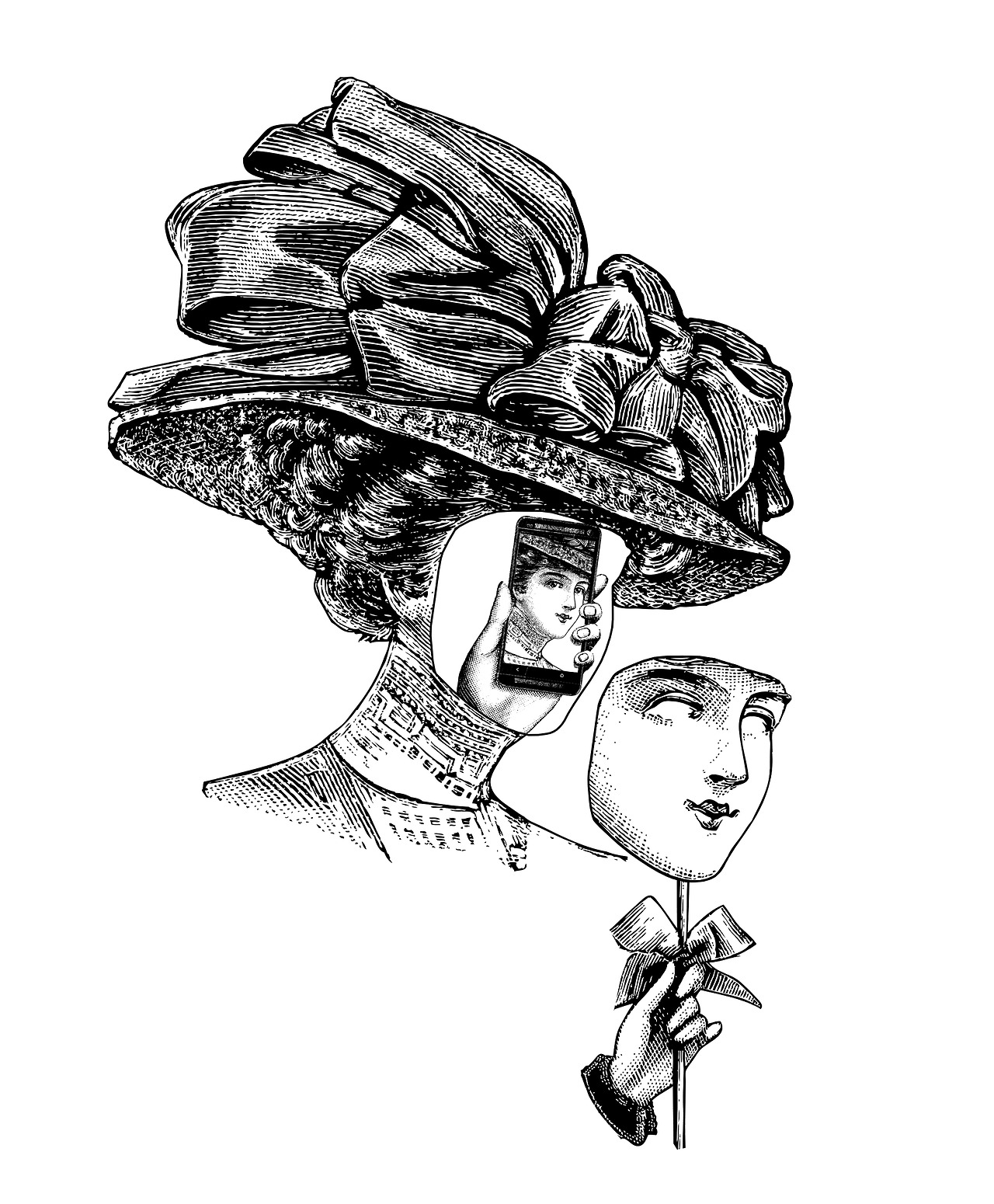 Victorian woman using a phone while holding a blank theatrical mask on a stick