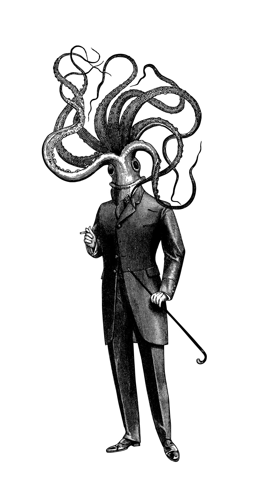 Victorian gentleman with an octopus head, holding a cane in black-and-white engraving style