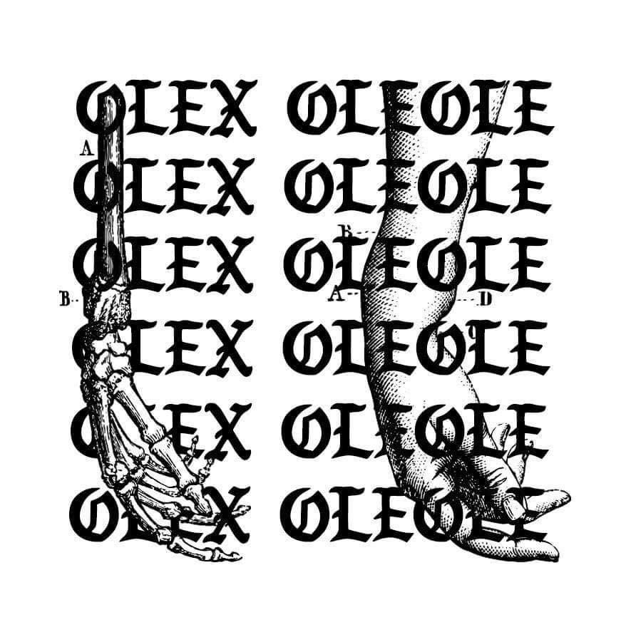 Repeated OLEX OLEOLE lettering layered behind anatomical legs and skeletal feet