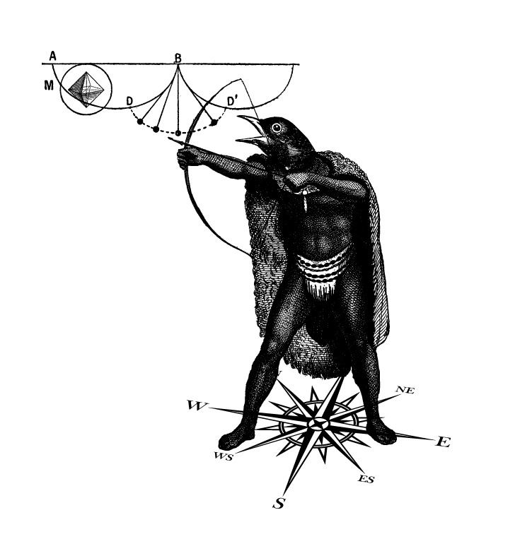 Crow-headed human figure aiming a bow above a compass rose and geometric construction