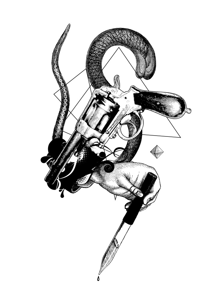 Revolver, octopus tentacles and a hand holding a dripping knife in a geometric collage