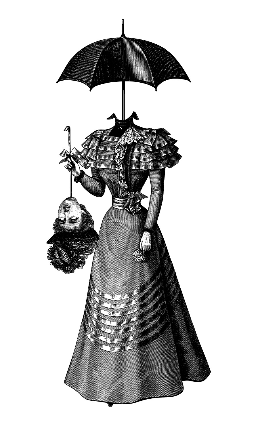Victorian woman with an umbrella head holding an upside-down severed head