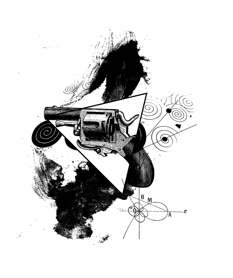 Engraved revolver layered with ink splashes, spirals and geometric diagrams