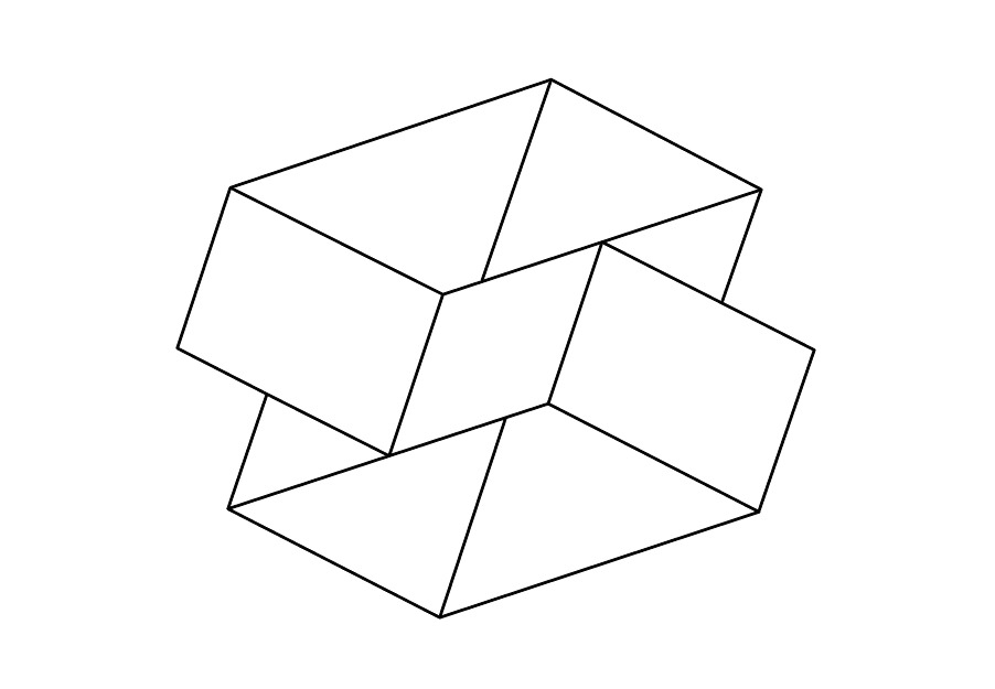 Interlocking impossible cubes drawn with clean black geometric lines