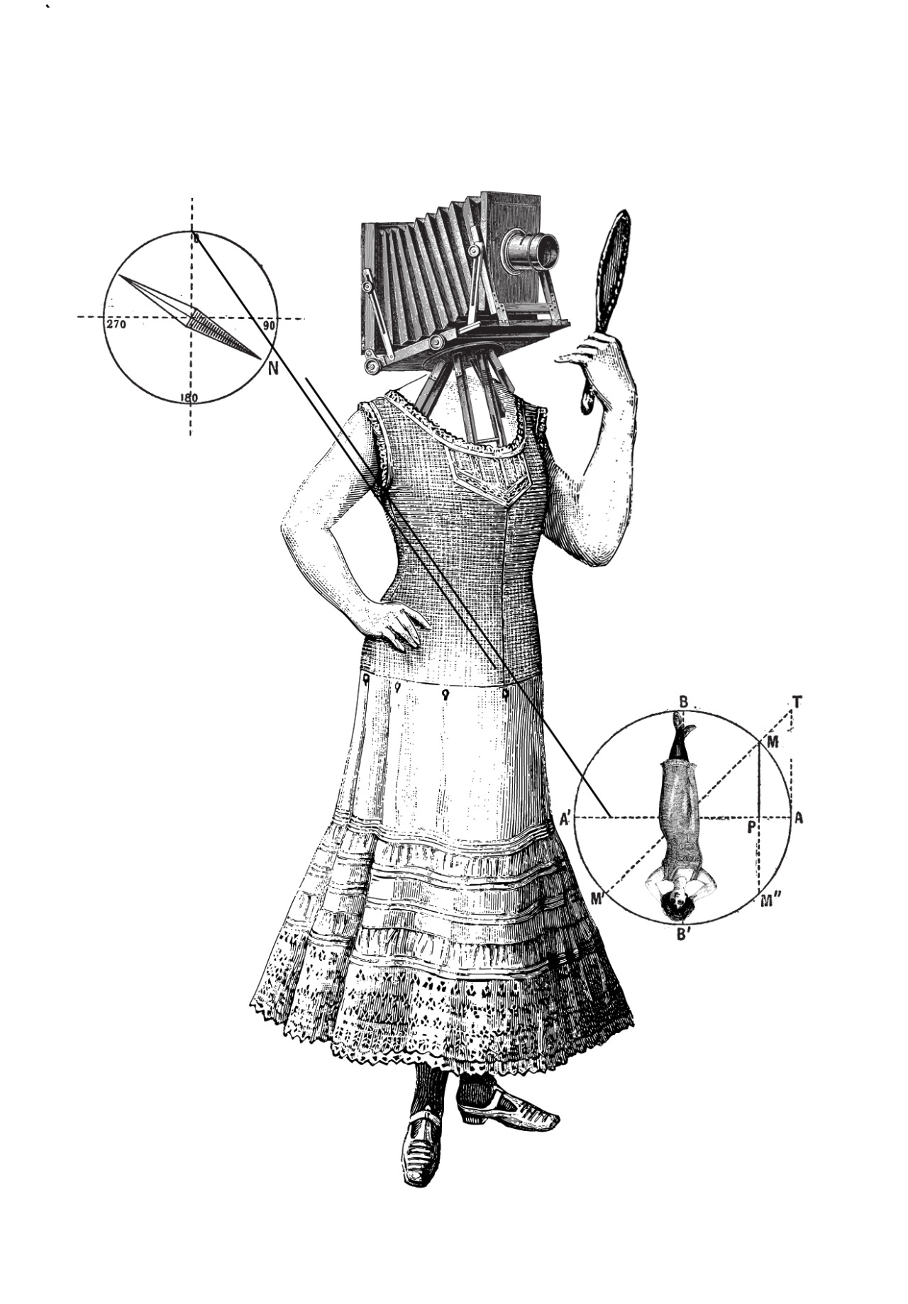 Victorian woman with a bellows camera for a head holding a hand mirror
