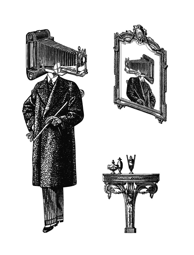 Victorian figure with a large camera head reflected in an ornate mirror