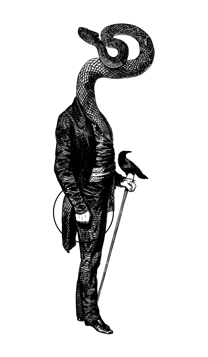 Victorian gentleman with a coiled snake for a head and a crow perched on his hand