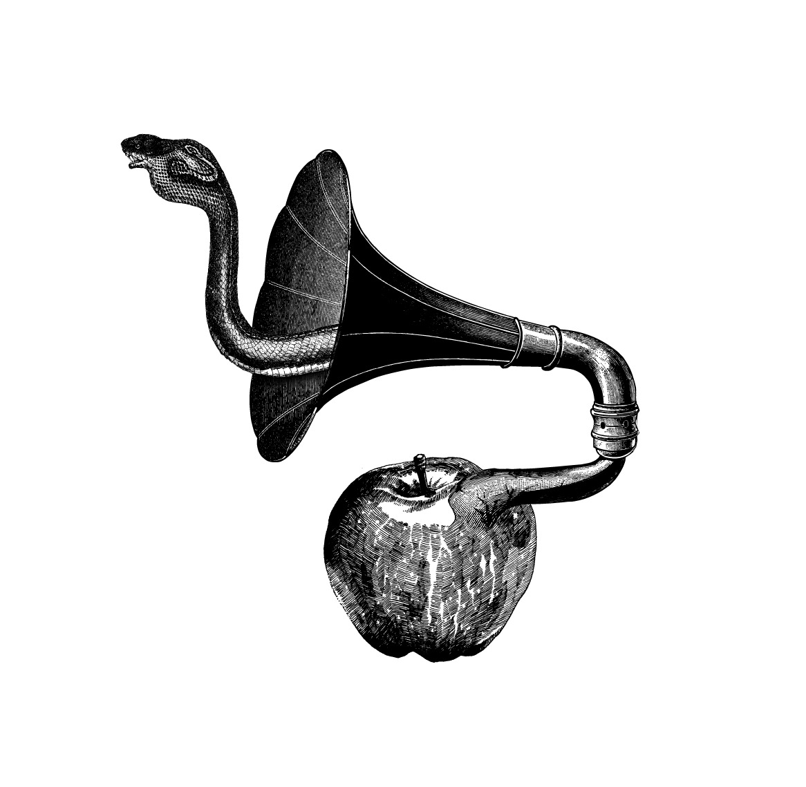 Snake rising through a gramophone horn connected to an engraved apple