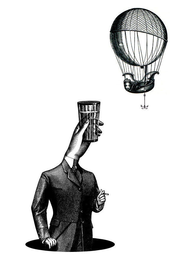 Headless Victorian gentleman raising a glass toward a distant hot-air balloon