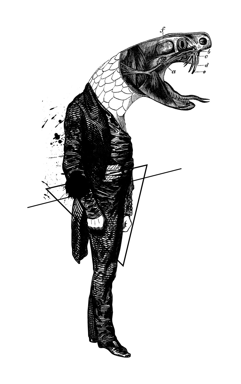 Victorian gentleman with an anatomical venomous snake head and geometric ink marks