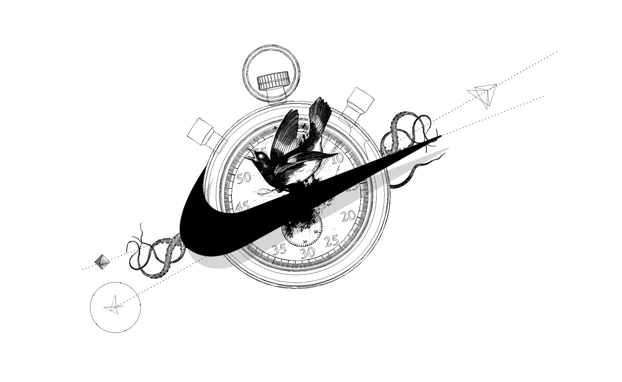 Bird, stopwatch, tentacles and bold swoosh assembled as a monochrome surreal collage